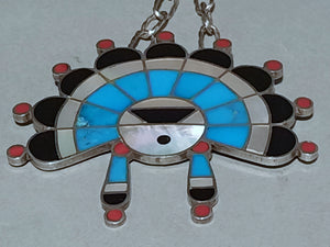 Kachina Sun Face Silver,  Turquoise, Coral, Jet and Mother of Pearl Inlay Necklace