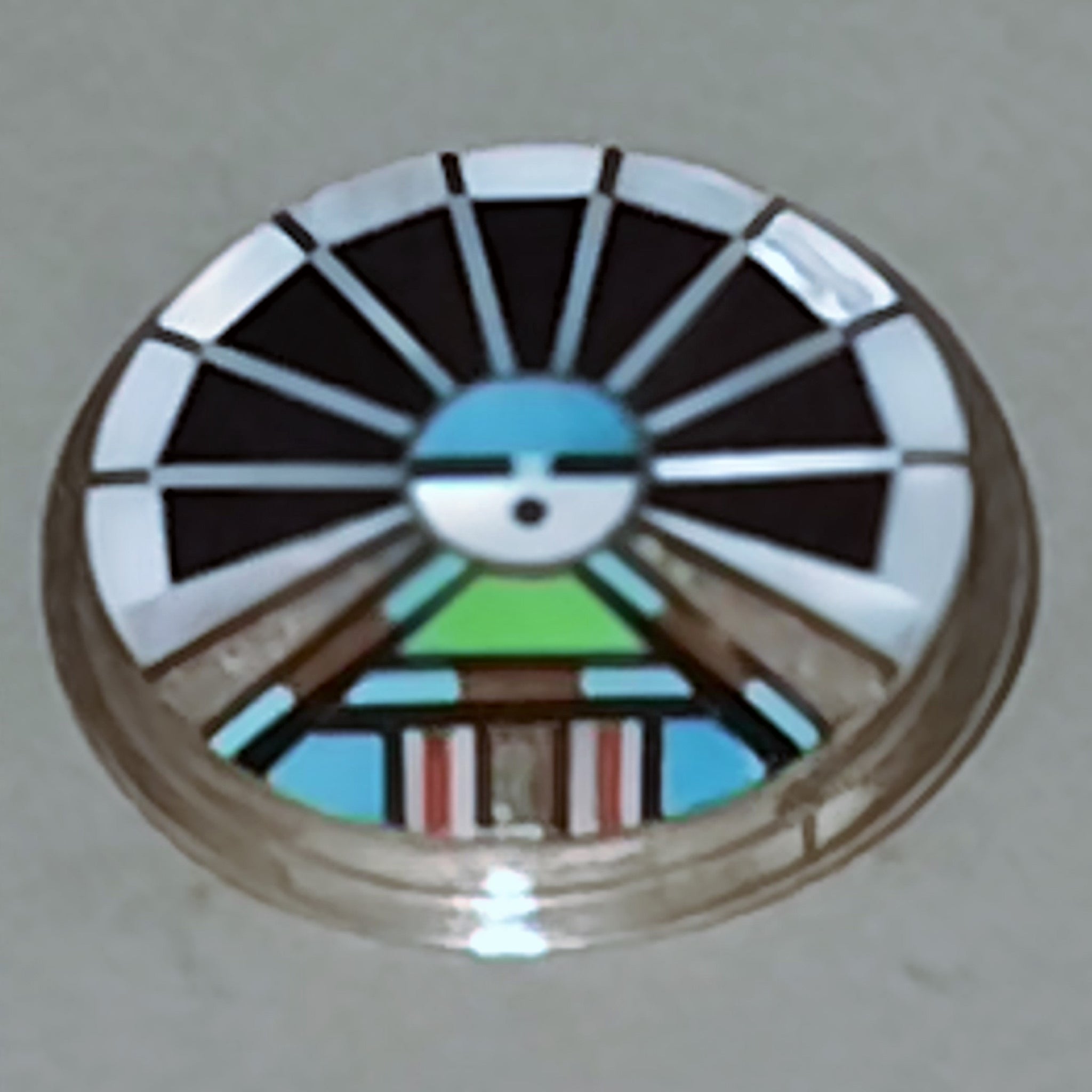 R&L Vacit Kachina Sun Face Silver,  Turquoise, Jet and Mother of Pearl Inlay Pendant Brooch