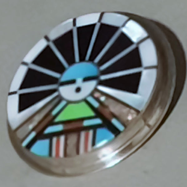 R&L Vacit Kachina Sun Face Silver,  Turquoise, Jet and Mother of Pearl Inlay Pendant Brooch