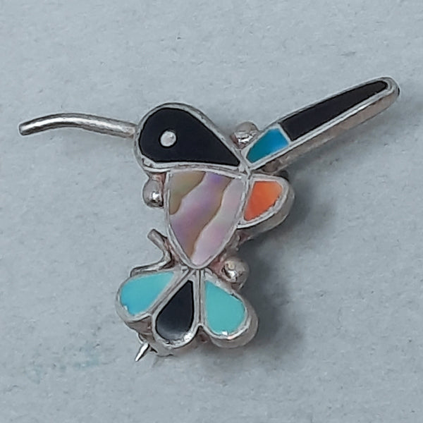 Zuni Turquoise and Silver Mosaic Hummingbird Pendant / Brooch