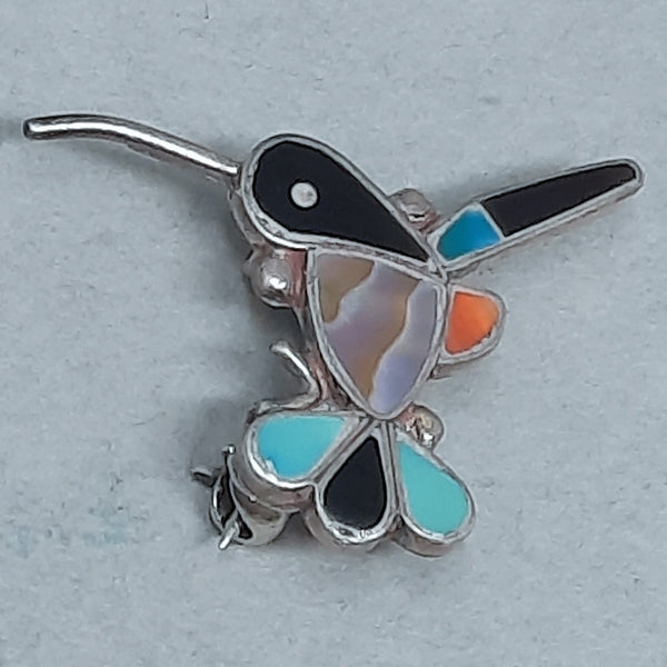 Zuni Turquoise and Silver Mosaic Hummingbird Pendant / Brooch