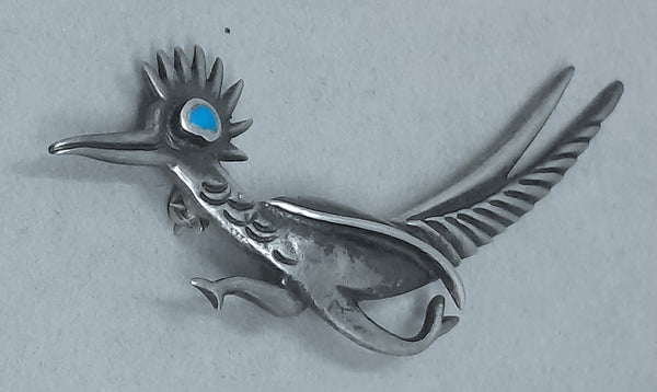 Navajo Old Pawn Silver & Turquoise Chaparral / Roadrunner  Brooch / Pin