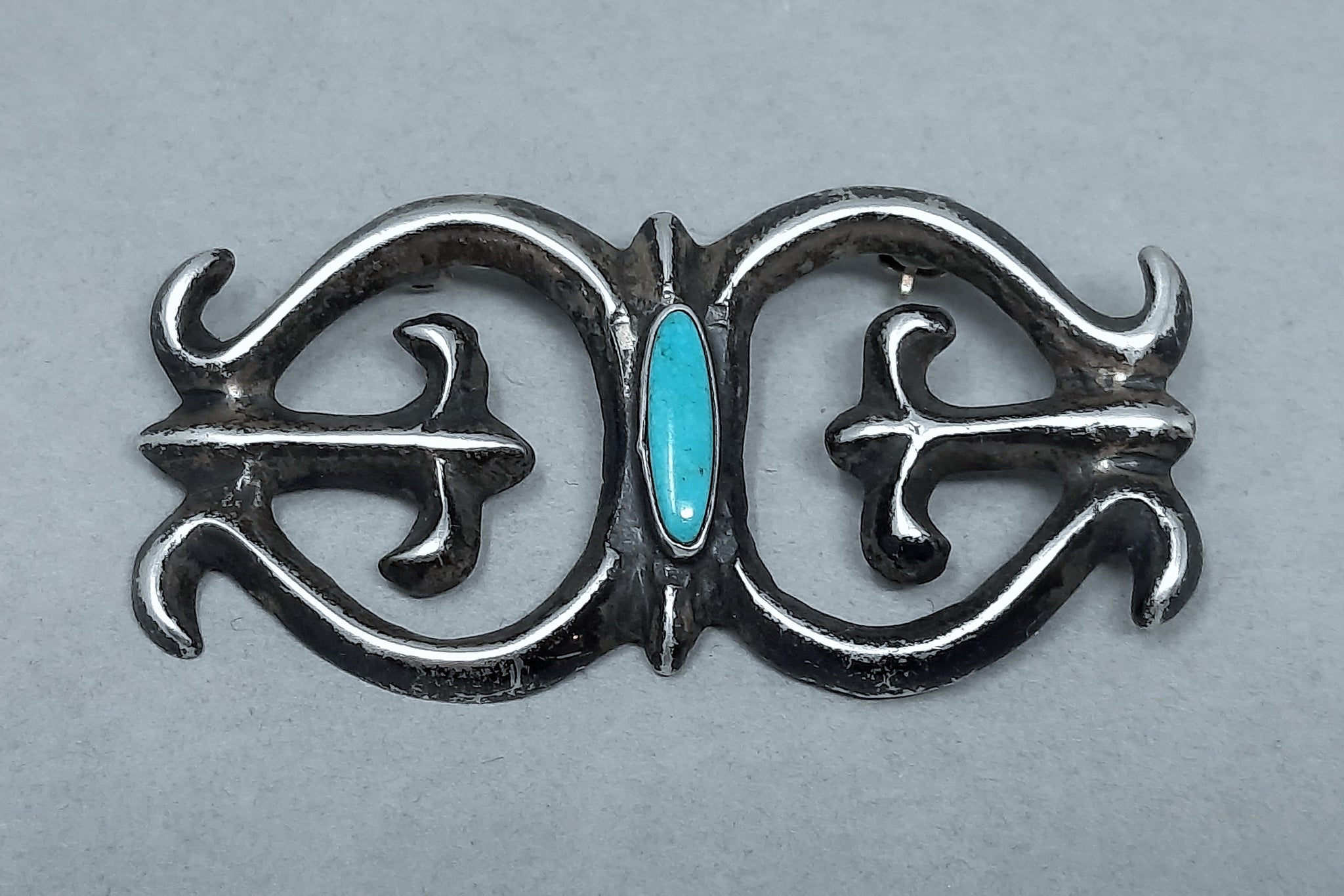 Navajo Silver & Turquoise Cast Brooch / Pin 1.7/8" wide