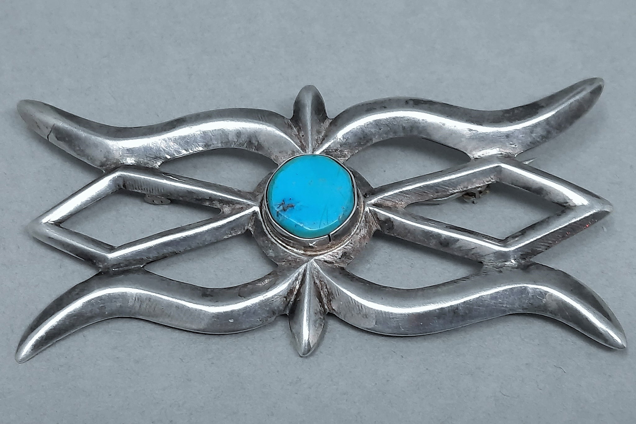 Navajo Silver & Turquoise Cast Brooch / Pin 2.5/8 inch wide