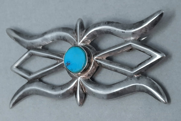 Navajo Silver & Turquoise Cast Brooch / Pin 2.5/8 inch wide