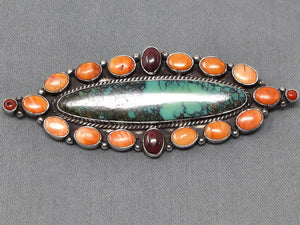 Navajo Silver and Turquoise, Sugilite, & Spiny Oyster Brooch / Pin