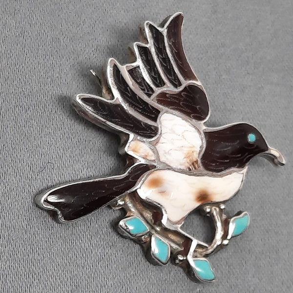 Zuni Turquoise, Jet, and Shell Inlay  Magpie Silver Pendant Eva Etsate