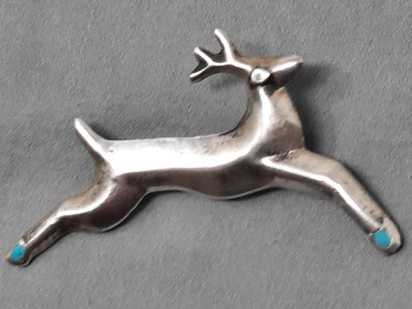 Navajo Deer Silver & Turquoise Cast Brooch / Pin 2.1/4" Wide