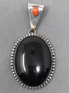 Navajo Silver & Onyx Pendant with Spiny Oyster Stone