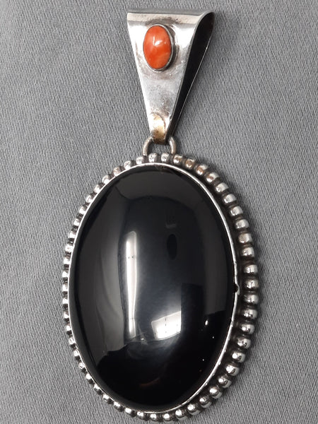 Navajo Silver & Onyx Pendant with Spiny Oyster Stone