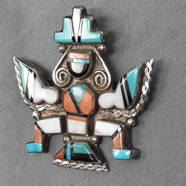 Knifewing Multi-Stone Inlay Brooch Turquoise, Oyster, Jet, Shell 2." Tall