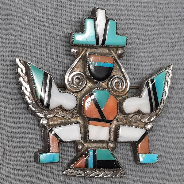 Knifewing Multi-Stone Inlay Brooch Turquoise, Oyster, Jet, Shell 2." Tall
