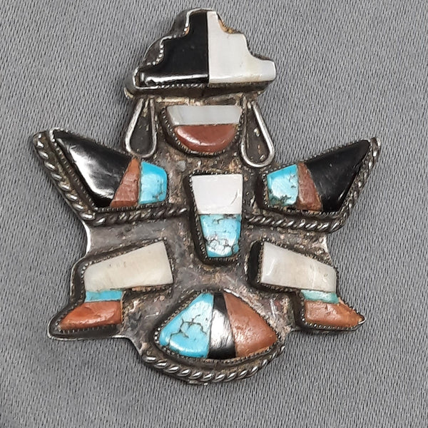 Knifewing Multi-Stone Inlay Brooch Turquoise, Oyster, Jet, Shell 1.1/2" Tall