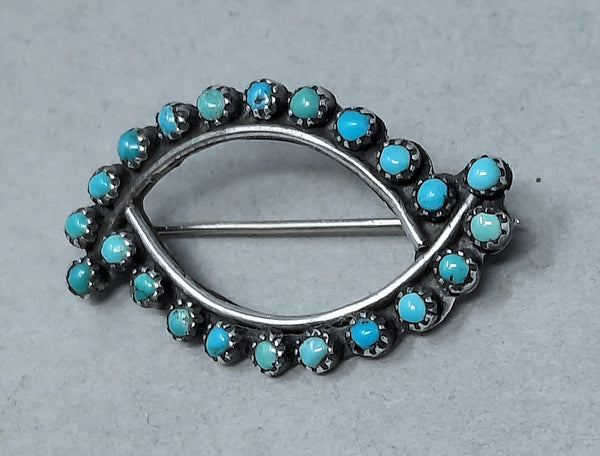 VINTAGE SILVER ZUNI PETITE POINT OLD PAWN TURQUOISE BROOCH/PIN 1.2" W