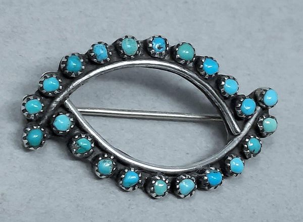VINTAGE SILVER ZUNI PETITE POINT OLD PAWN TURQUOISE BROOCH/PIN 1.2" W