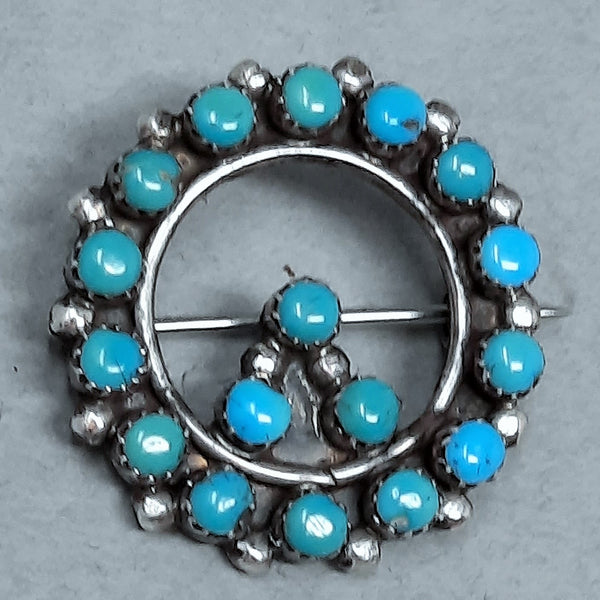 VINTAGE SILVER ZUNI PETITE POINT OLD PAWN TURQUOISE BROOCH / PIN 7/8" dia.