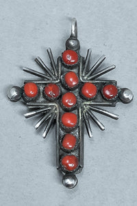 Vintage Zuni Sterling Silver Red Coral & Turquoise Reversible Cross Pendant 1.62" Tall