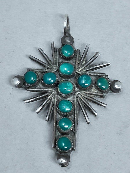 Vintage Zuni Sterling Silver Red Coral & Turquoise Reversible Cross Pendant 1.62" Tall