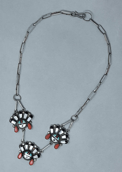 Zuni Sun Face Silver,  Turquoise, Coral, Jet and Mother of Pearl Inlay Necklace