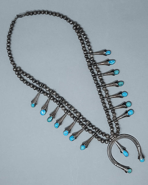 Navajo Turquoise &  Silver Squash Blossom Necklace