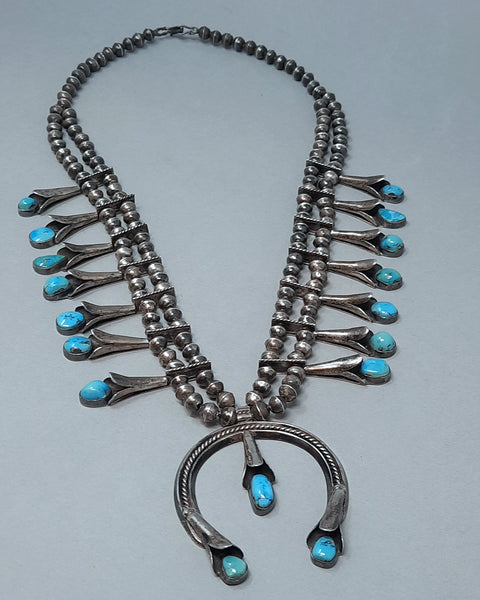 Navajo Turquoise &  Silver Squash Blossom Necklace