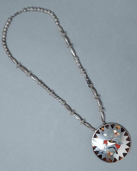 Zuni Sammy & Esther Guardian Bird Motif Pendant Silver. Inlaid with Shell and coral