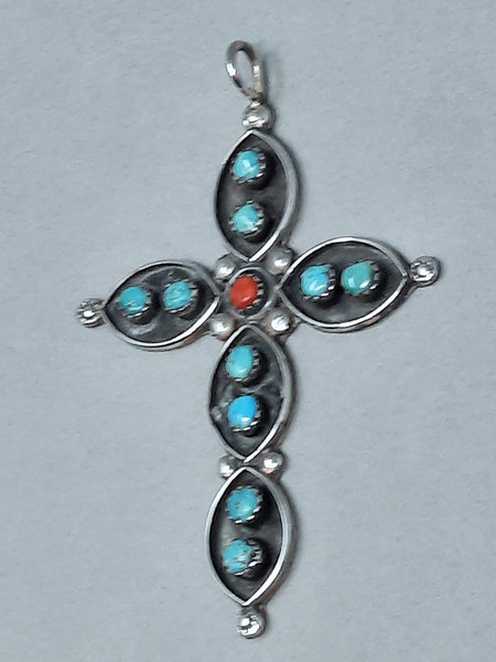Vintage Navajo Silver Red Coral & Turquoise Cross Pendant 3" Tall