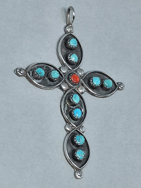 Vintage Navajo Silver Red Coral & Turquoise Cross Pendant 3" Tall