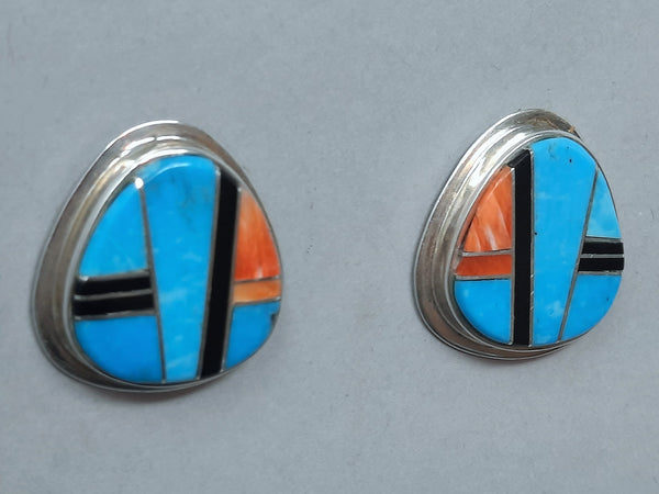 Navajo Sterling Silver Multi-Stone Turquoise Spiny Oyster Jet Earrings
