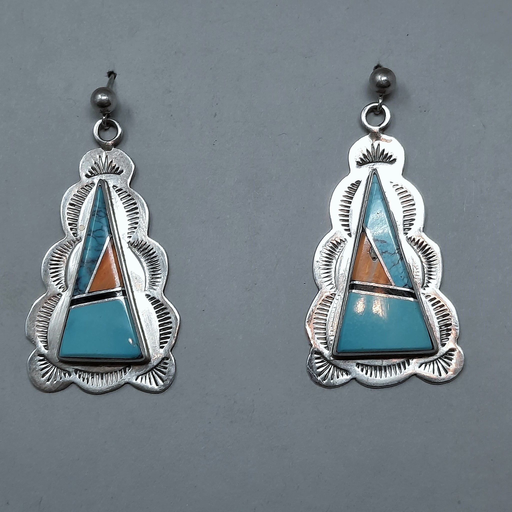 Navajo Southwest Silver Multi-Stone Turquoise & Lapis Triangular Earrings