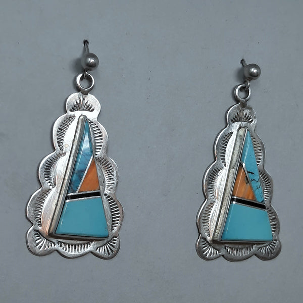 Navajo Southwest Silver Multi-Stone Turquoise & Lapis Triangular Earrings
