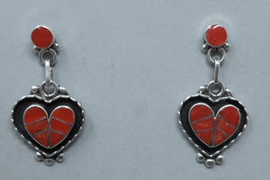 Zuni Spiny Oyster & Sterling Silver Heart Dangle Earrings - Faye Lowsayatee
