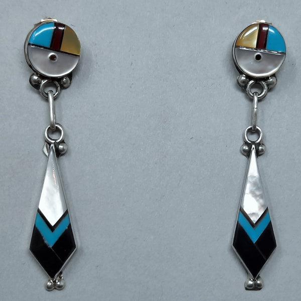 Raylan & Patty Edaakie Zuni Sterling Silver Multi Stone Inlay Dangle Earrings 1.7/8"