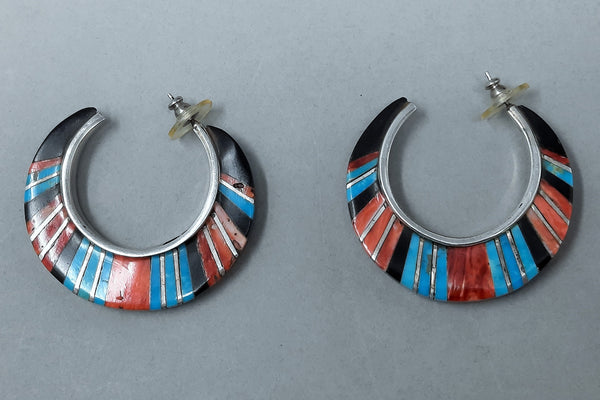 Navajo Sterling Silver Multi-Stone Turquoise Spiny Oyster Jet Large Loop Earrings