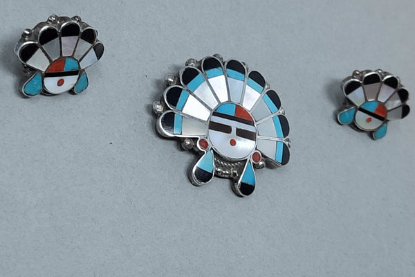 Zuni Sterling Silver Sunface Multi-Stone Pendant and Earring Set Signed