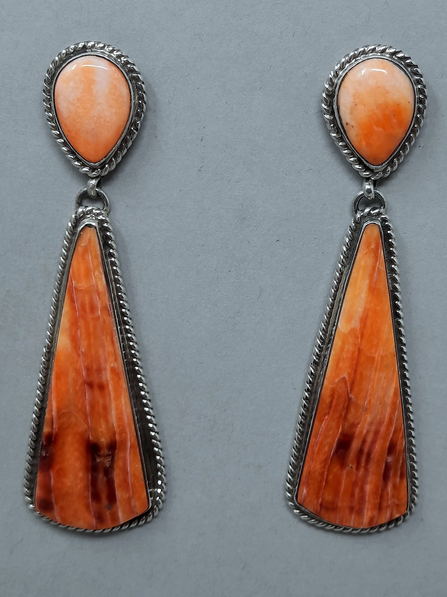 Navajo Sterling Silver, Orange Spiny Oyster Long Dangle Earrings Russell Sam