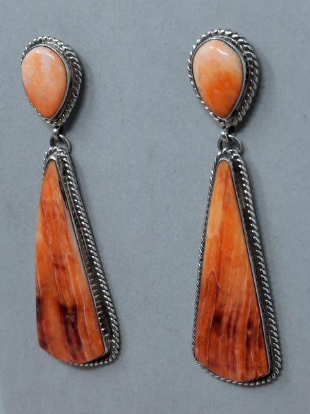 Navajo Sterling Silver, Orange Spiny Oyster Long Dangle Earrings Russell Sam