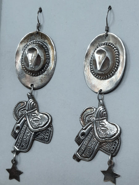 Southwest Cowboy Hat and Saddle Sterling Silver Earrings