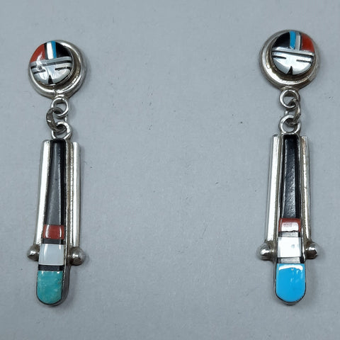Raylan & Patty Edaakie Zuni Sterling Silver Multi Stone Inlay Dangle Earrings 1.7/8"