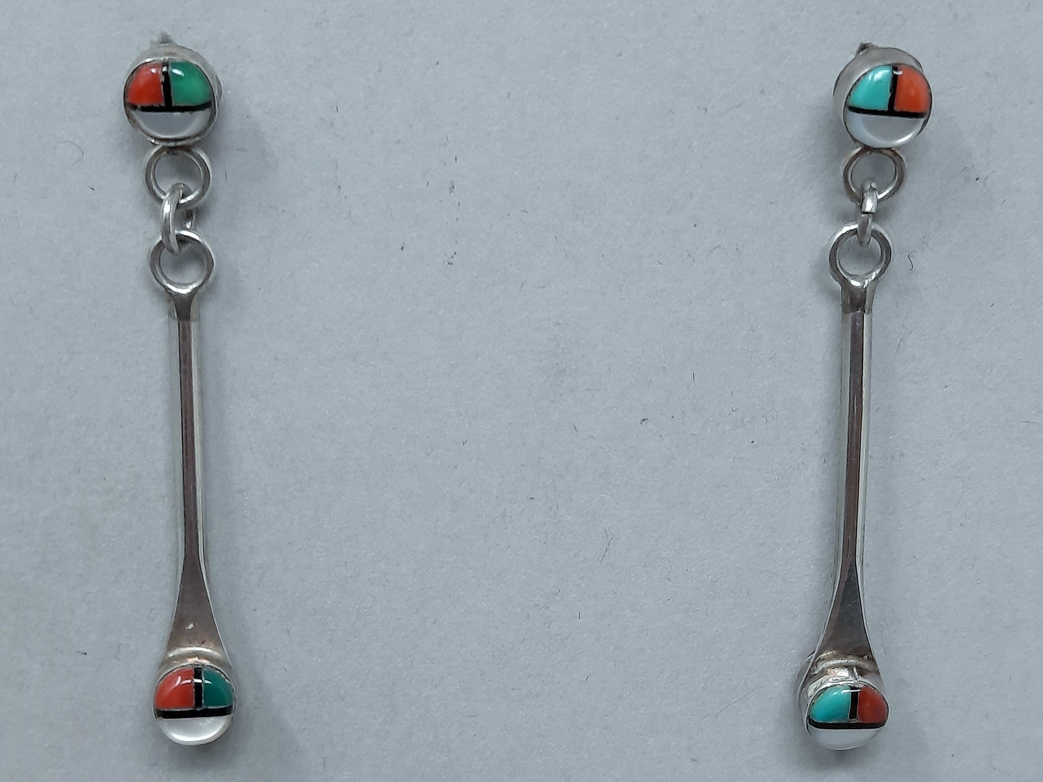 Zuni  Sunface Shell, Turquoise, Coral, Jet Narrow Dangle Earrings