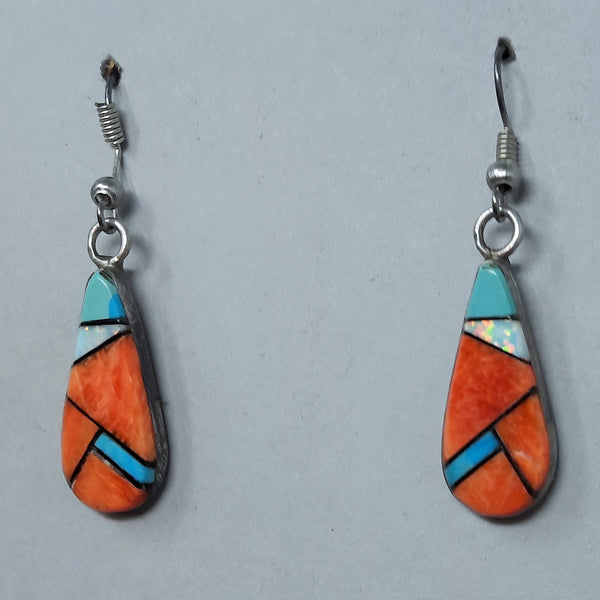 Navajo Grace Smith Sterling Silver Spiny Oyster Turquoise Multi-Stone Dangling Earrings
