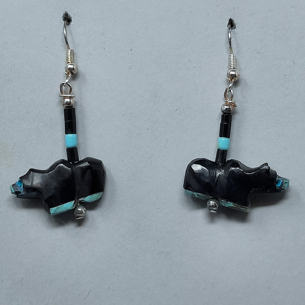 SW Pueblo Sterling Black Bear Jet & Turquoise Dangle Earrings