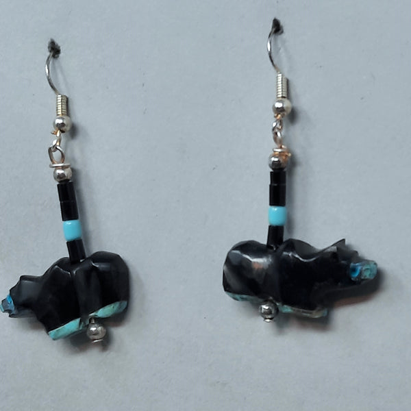 SW Pueblo Sterling Black Bear Jet & Turquoise Dangle Earrings
