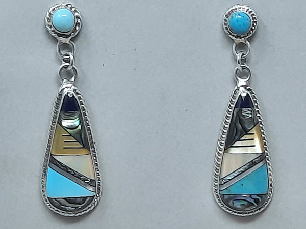 NAVAJO Sterling Silver Inlaid Abalone and Turquoise Earrings
