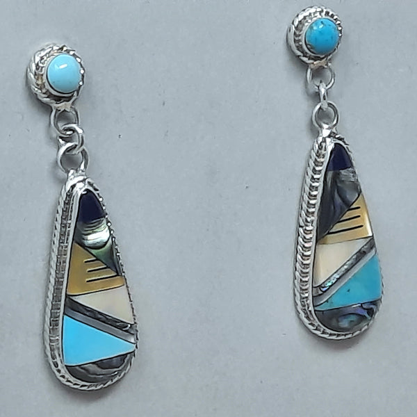 NAVAJO Sterling Silver Inlaid Abalone and Turquoise Earrings