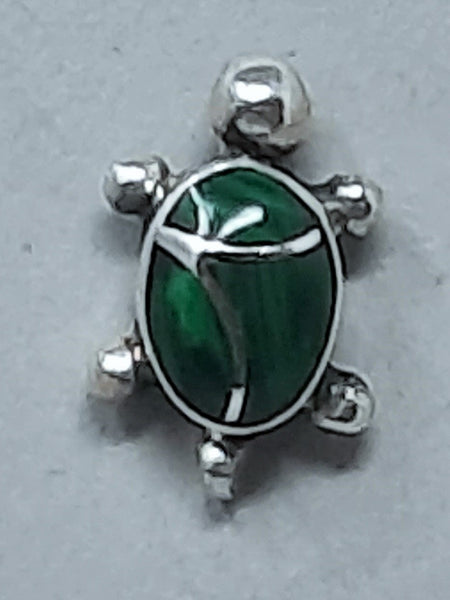 Petite Pueblo Sterling Silver Inlaid Green Malachite Turtle Fetish Earrings Signed