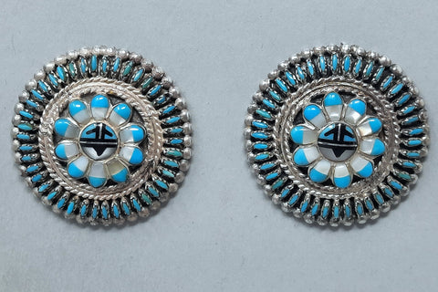 Navajo Sterling TURQUOISE  Petite Point & Inlaid Sunface EARRING