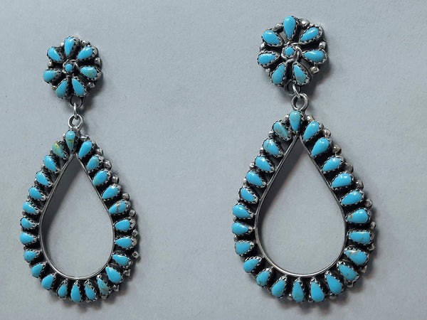 Navajo Sterling Silver Petite Point Turquoise Cluster Tear Drop Large Earrings Benally