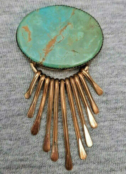 Rare Design Navajo Spencer Gold Filled & Silver Turquoise Brooch Pin